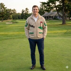 Vintage Handmade Mens M Golf Cowichan Cardigan Sweater Tan Heavy Knit Talon Zip